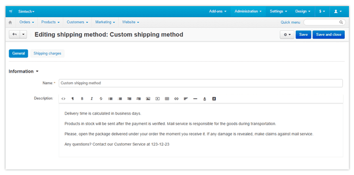 The Description field for shipping methods